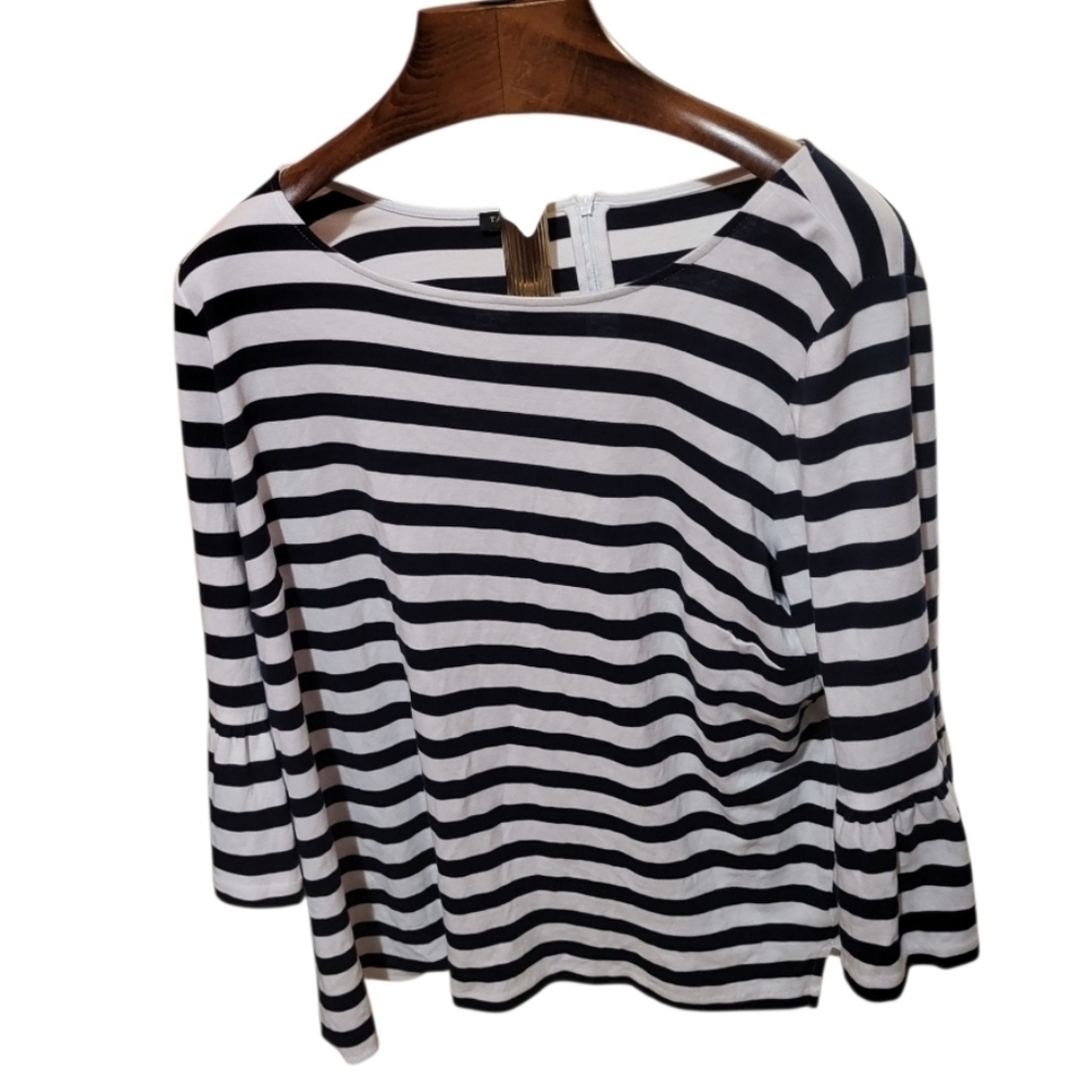 Talbots Navy Blue White Striped Nautical Bell Sleeve Back Zipper Top Size 2XL